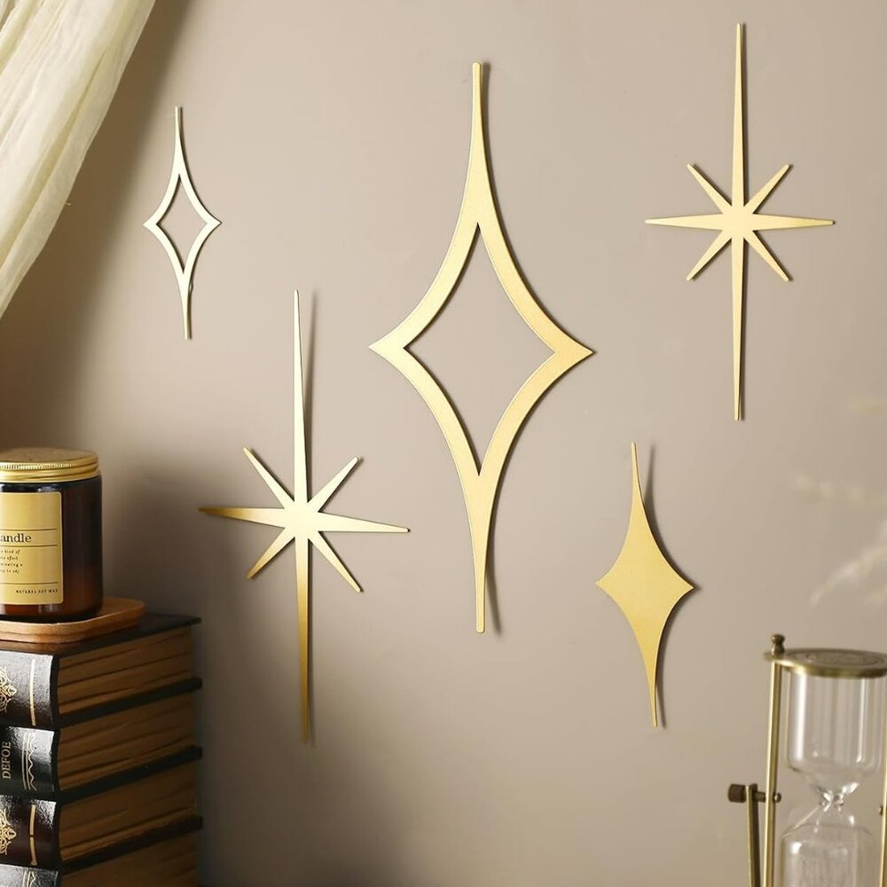 Mid Century‎ Modern Gold Starburst Metal Wall Decor Set 5 Pieces Diamonds
